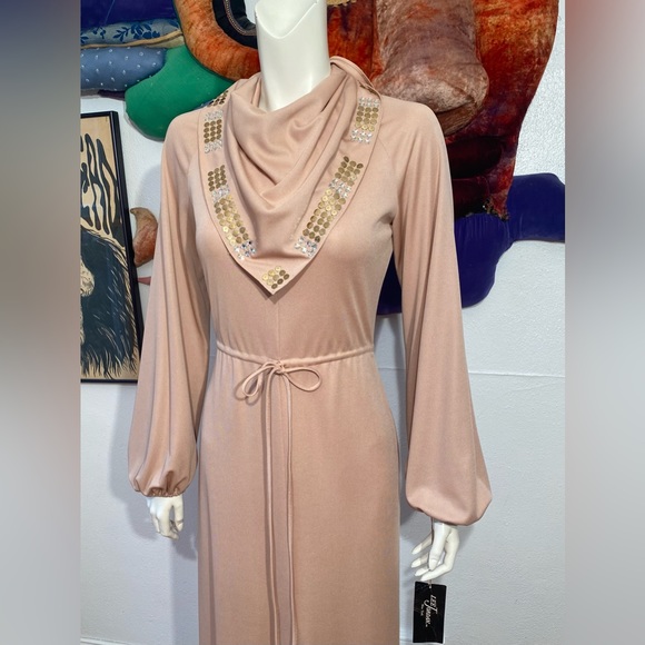 1970’s LEE JORDAN DRESS Studded Studs Rhinestones NEUTRAL Vintage Tags Nude Knit - Picture 6 of 11